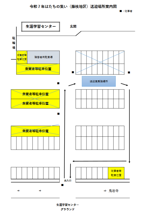 藤枝市藤枝地区の令和7年「はたちの集い」送迎場所案内図です。生涯学習センター周辺の駐車場や送迎車両の待機場所が示されています。