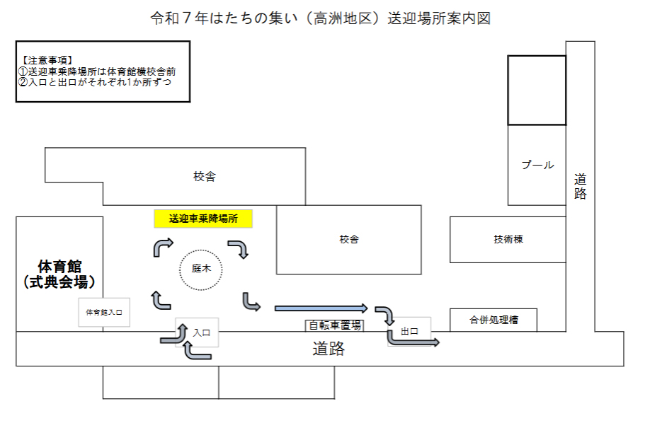 藤枝市高洲地区の令和7年「はたちの集い」送迎場所案内図。送迎車乗降場所は体育館横校舎前で、入口と出口がそれぞれ指定されています。矢印で一方通行の流れが示されています。